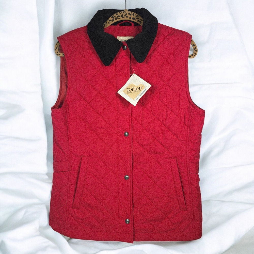 LL Bean Riding Vest Womens Medium Red Black‎ Teflon Fabric Protector Quilted NWT
